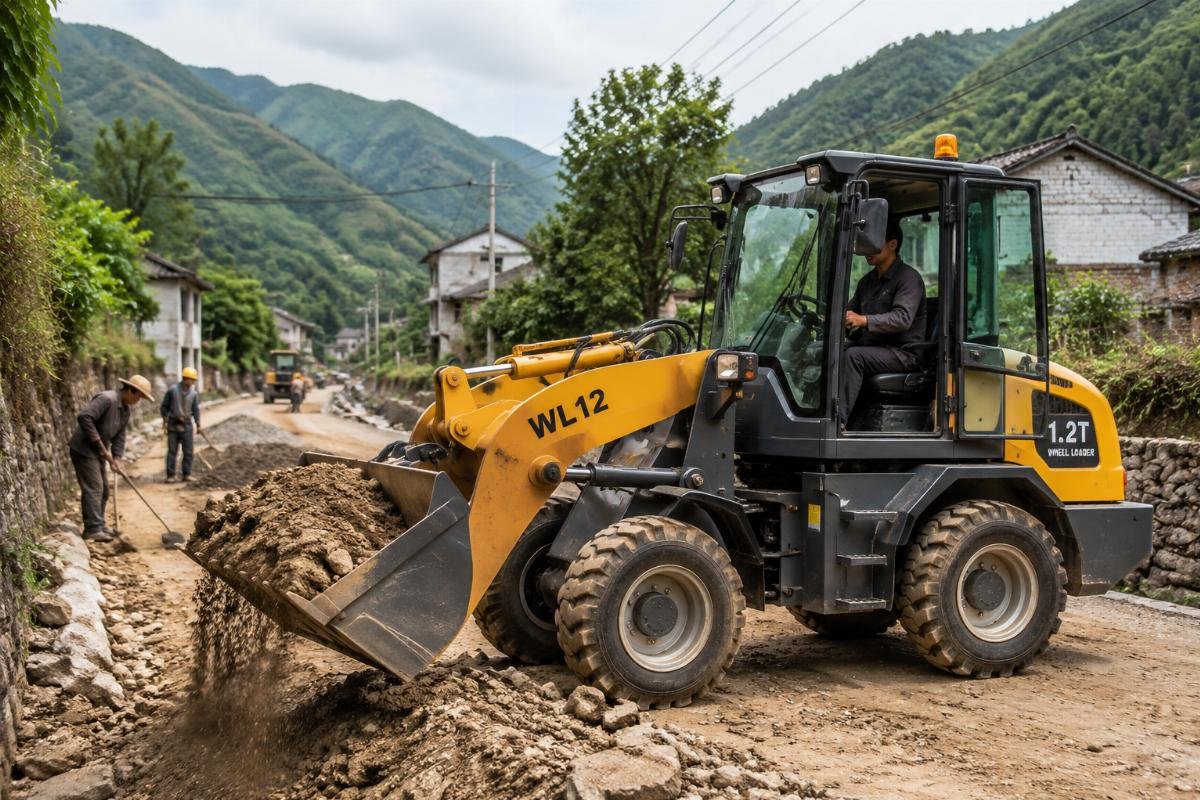 On-site operation of 1.2 ton compact wheel loader for rural road construction