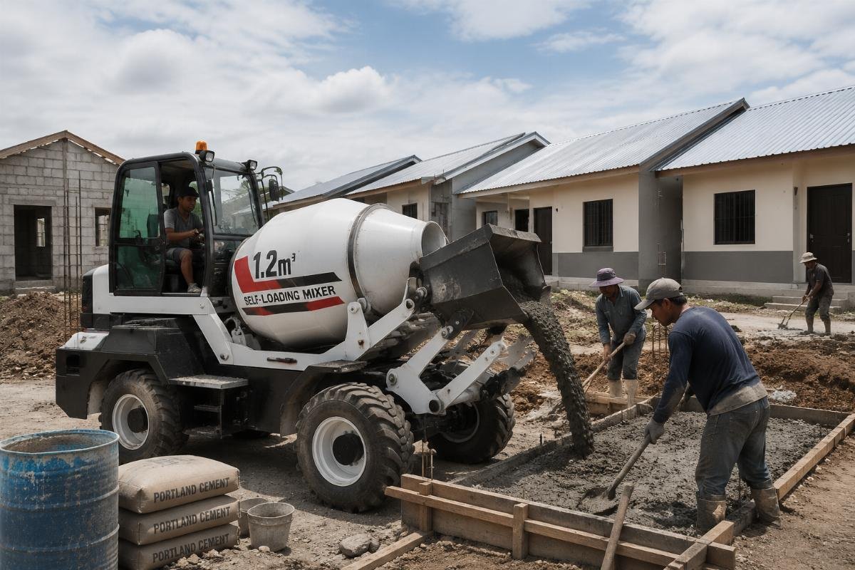 Small construction team operating a 1.2 cubic meter self-loading concrete mixer on a low-income housing site