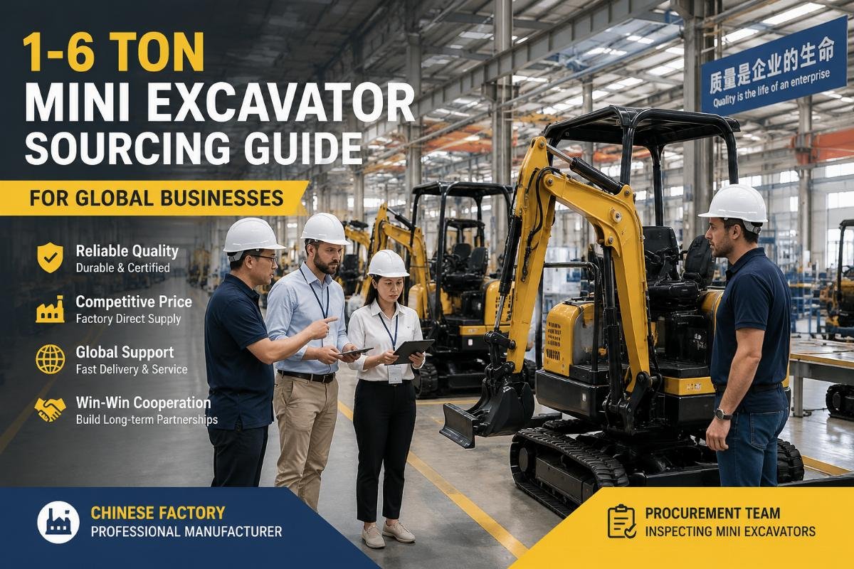 1-6 ton mini excavator sourcing guide for global businesses Procurement team inspecting 1-6 ton mini excavators at a Chinese factory production line