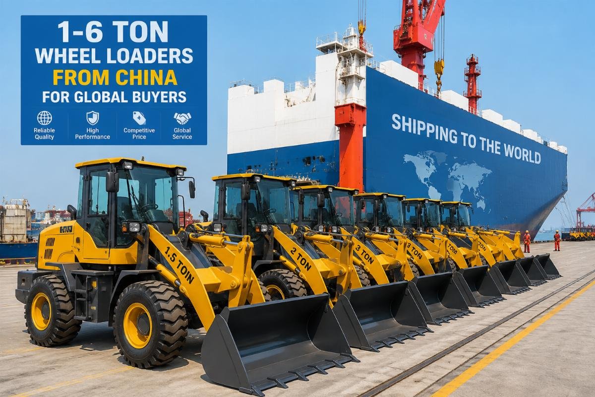 1-6 ton wheel loaders from China for global buyers A fleet of 1-6 ton wheel loaders staged at a Chinese factory loading port for global shipment