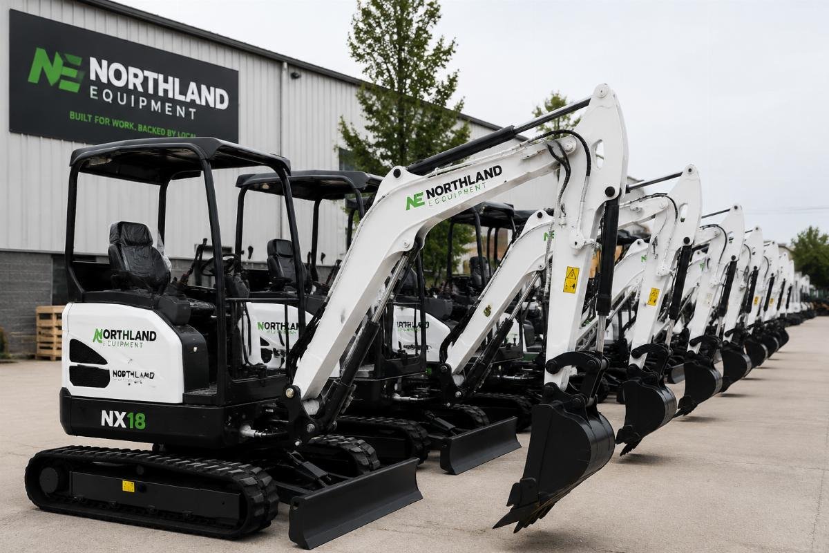 Fleet of custom branded mini excavators staged for local distribution