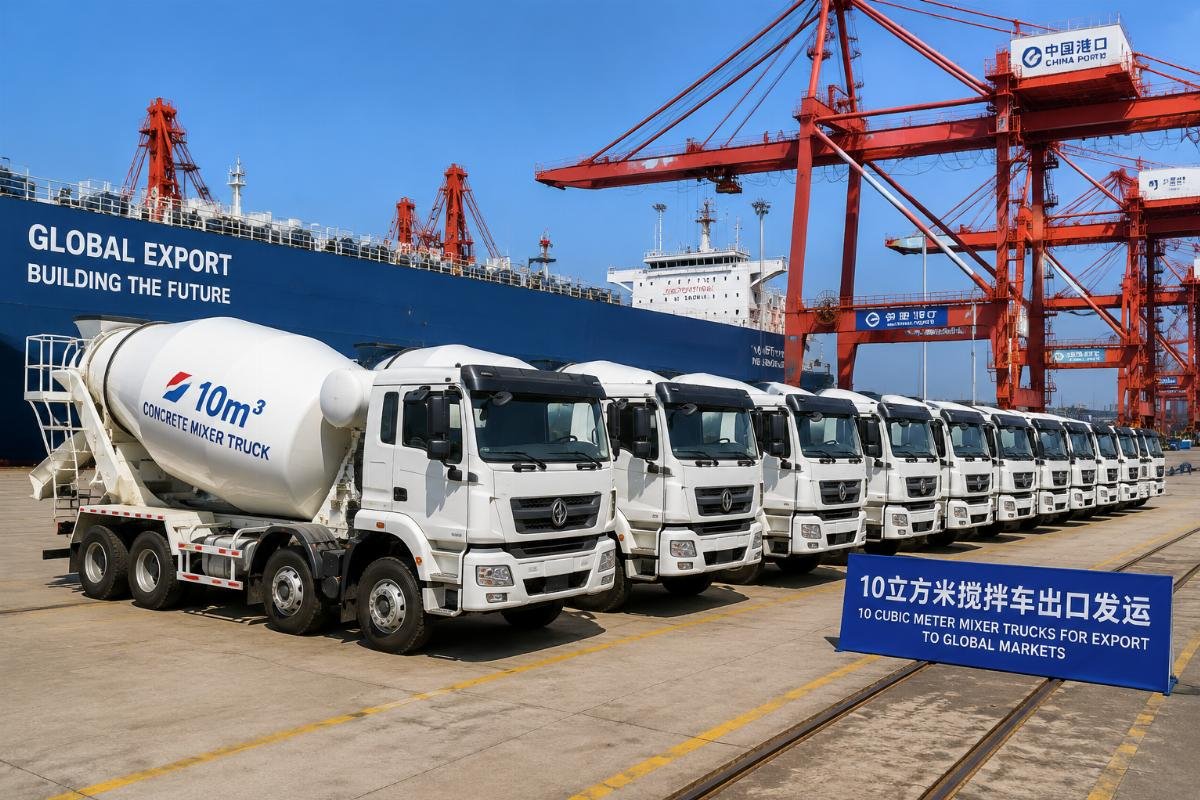 A fleet of 10 cubic meter concrete mixer trucks staged for export at a Chinese port