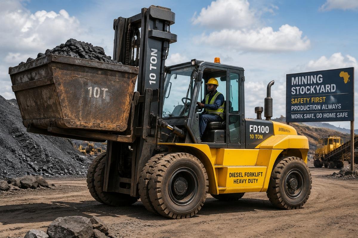 10 ton diesel forklift for mining operations 10 ton heavy duty diesel forklift operating in an African mining stockyard