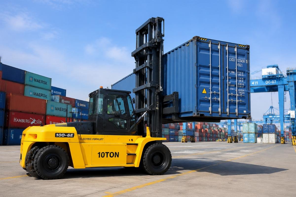 Purpose-built 10-ton electric forklift operating at a container yard