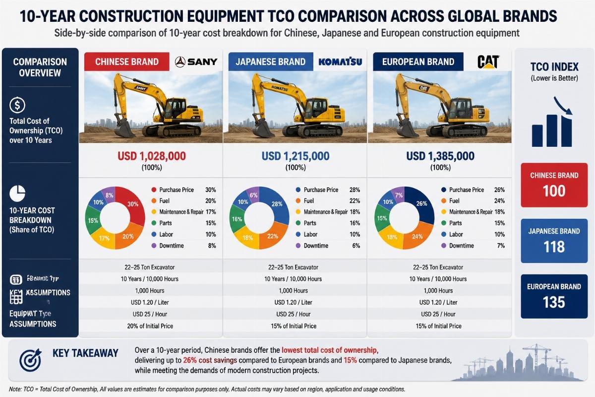 Side-by-side comparison of 10-year cost breakdown for Chinese, Japanese and European construction equipment