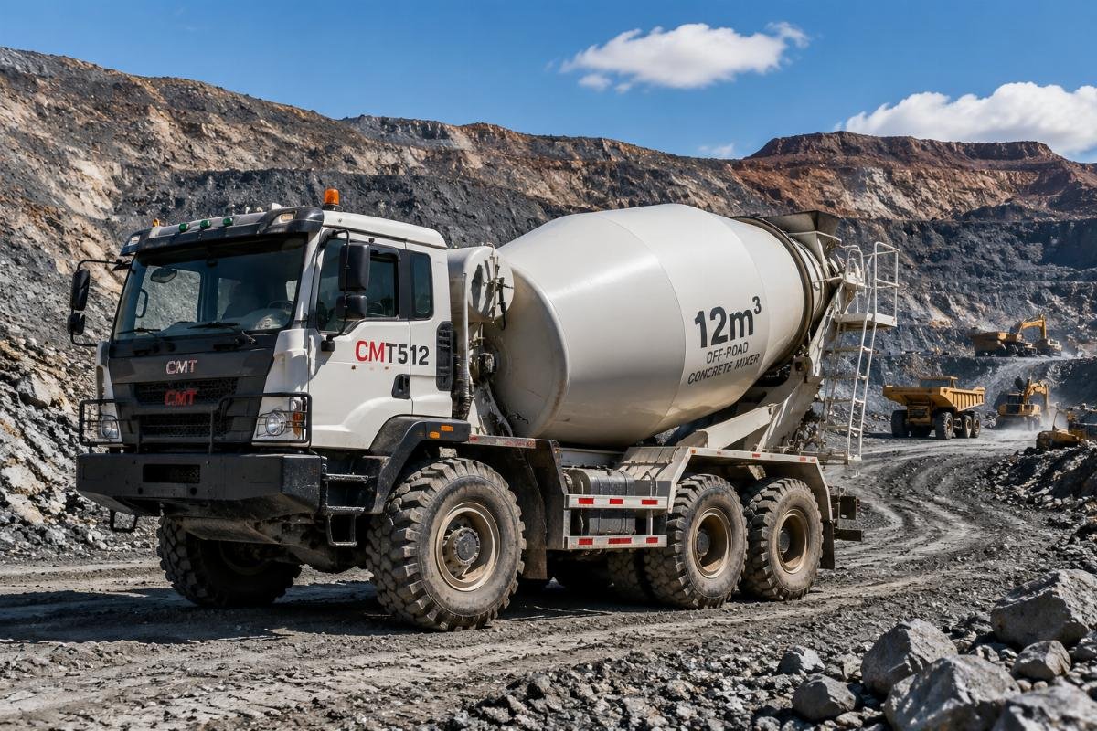 A 12 cubic meter off-road concrete mixer truck operating at a remote mining site