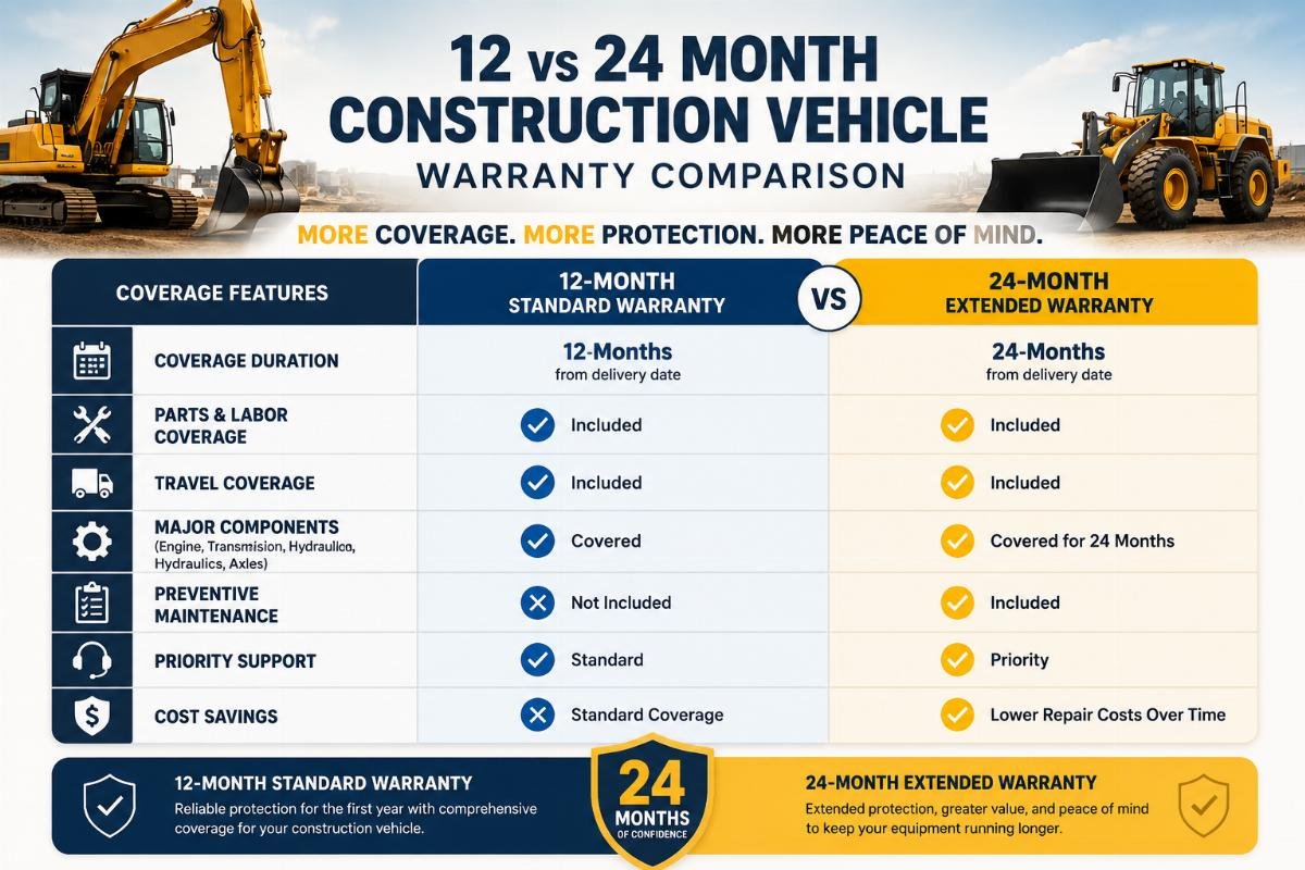 Side-by-side comparison of 12-month standard and 24-month extended warranty coverage for construction vehicles