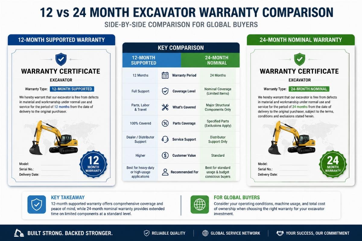 Side-by-side comparison of 12-month supported and 24-month nominal excavator warranty documents