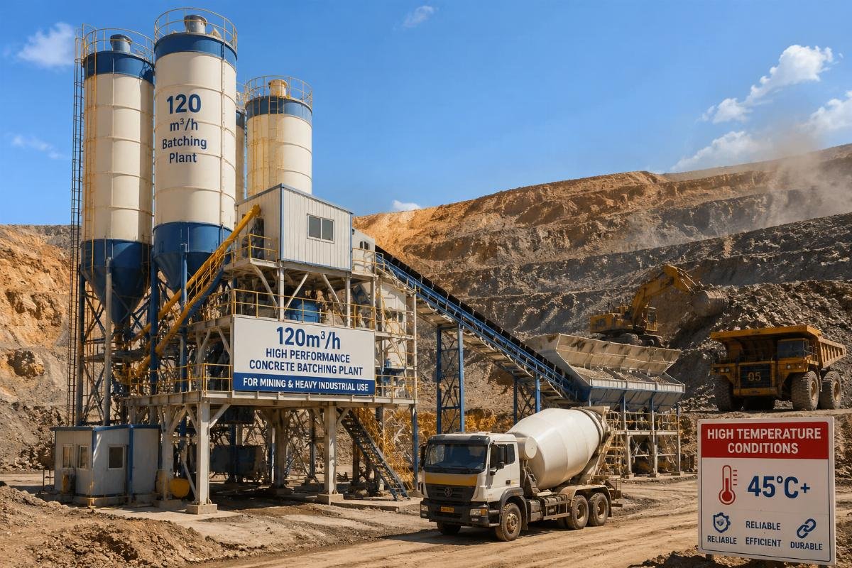 120m3/h batching plant for mining and heavy industrial use A 120m3/h batching plant operating at an open-pit mining site in high-temperature conditions