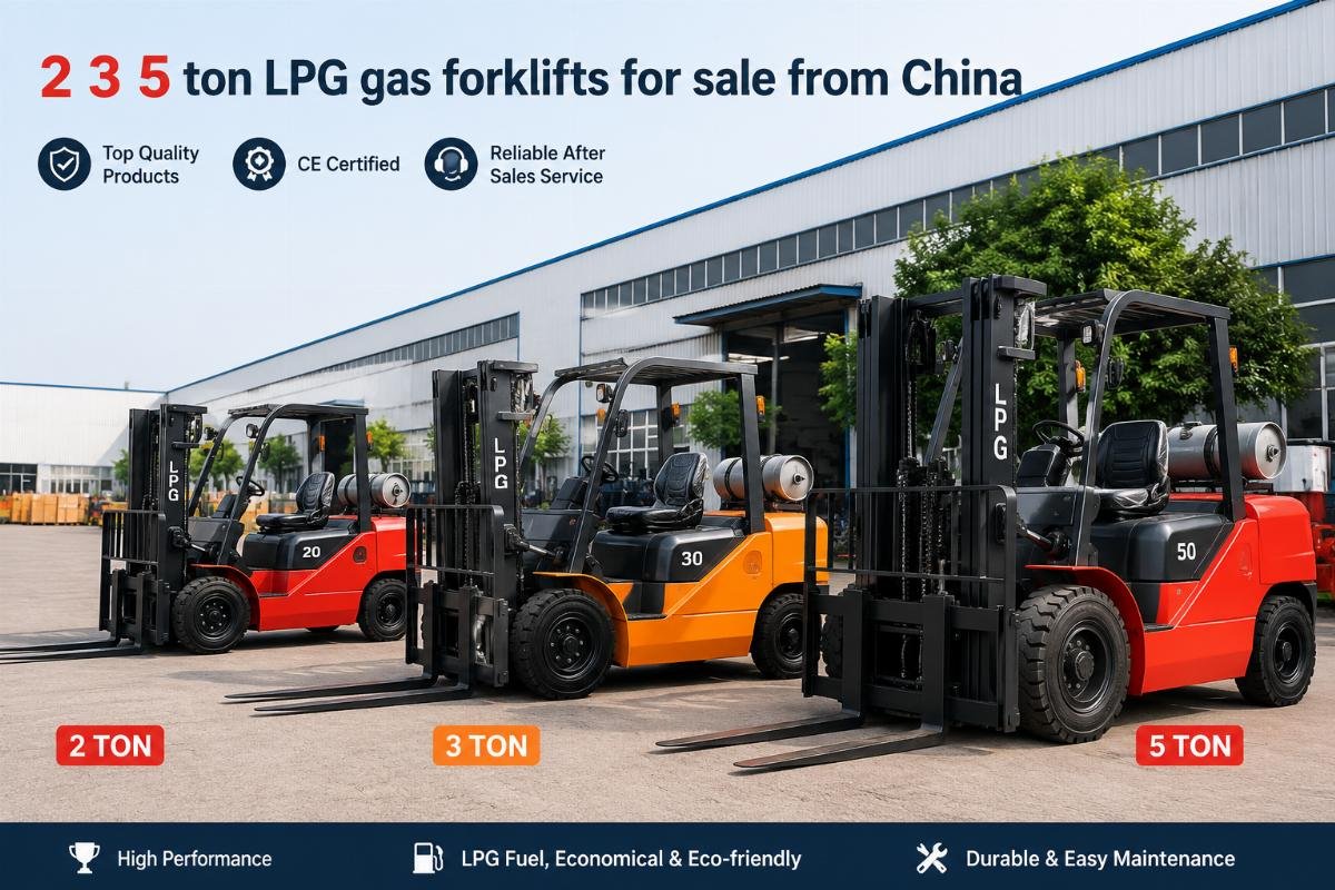 A row of 2-ton, 3-ton and 5-ton LPG forklifts parked in a factory yard ready for delivery