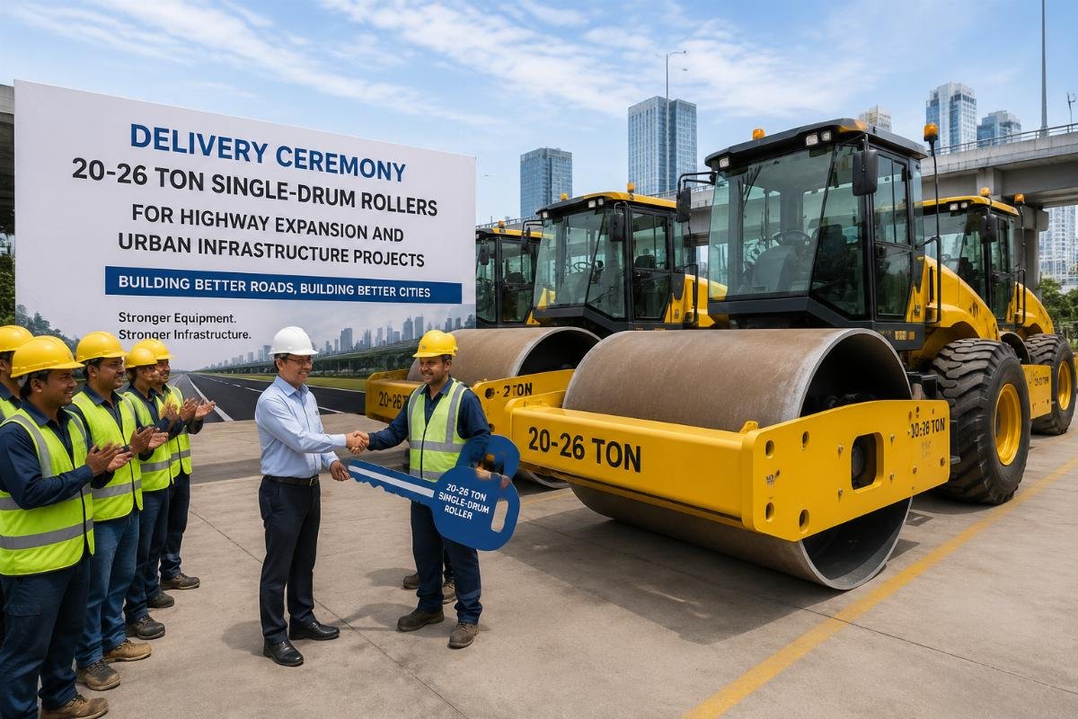 Municipal works team receiving 20-26 ton single-drum rollers for highway expansion