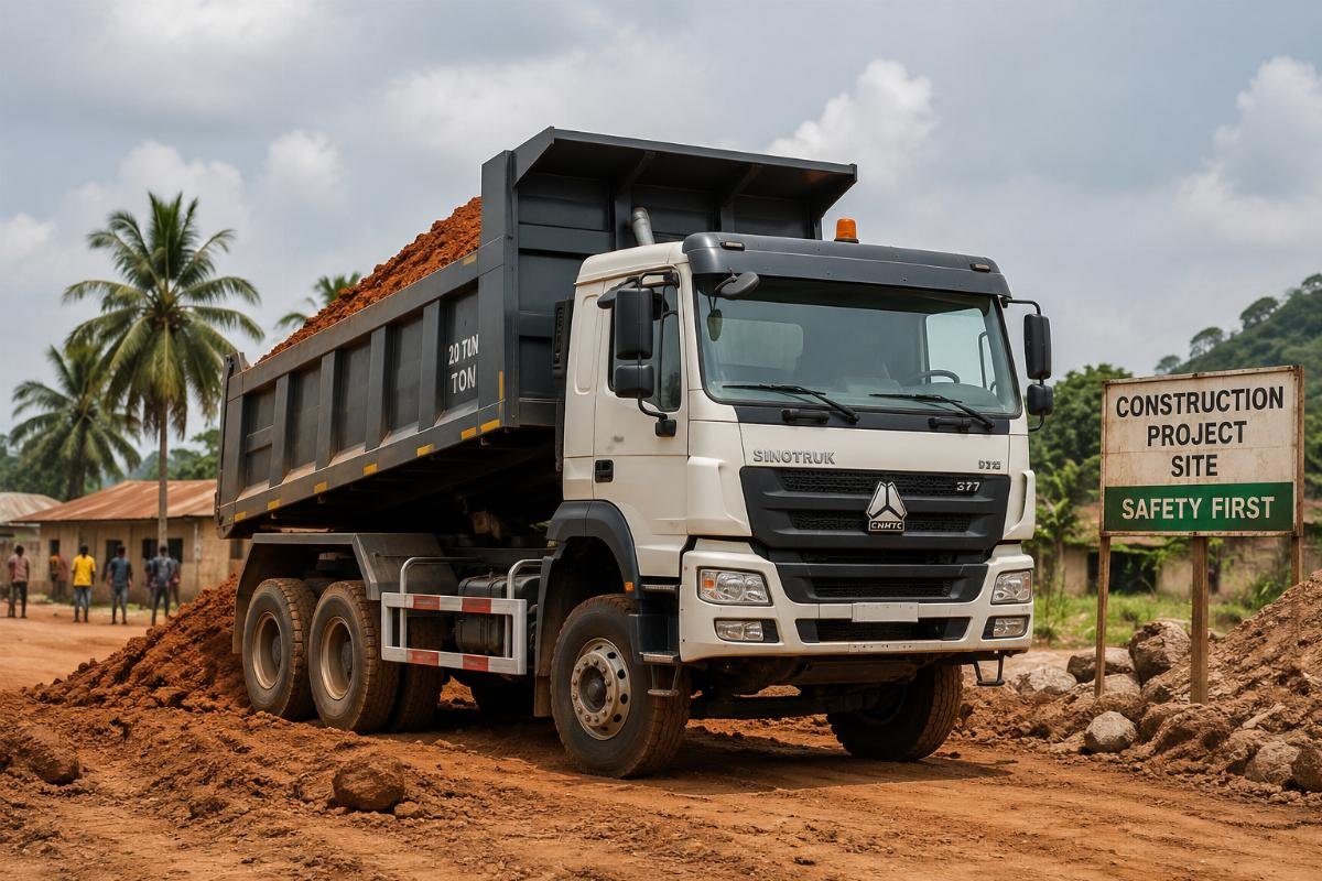 A 20-ton dump truck operating on a rural construction site in West Africa