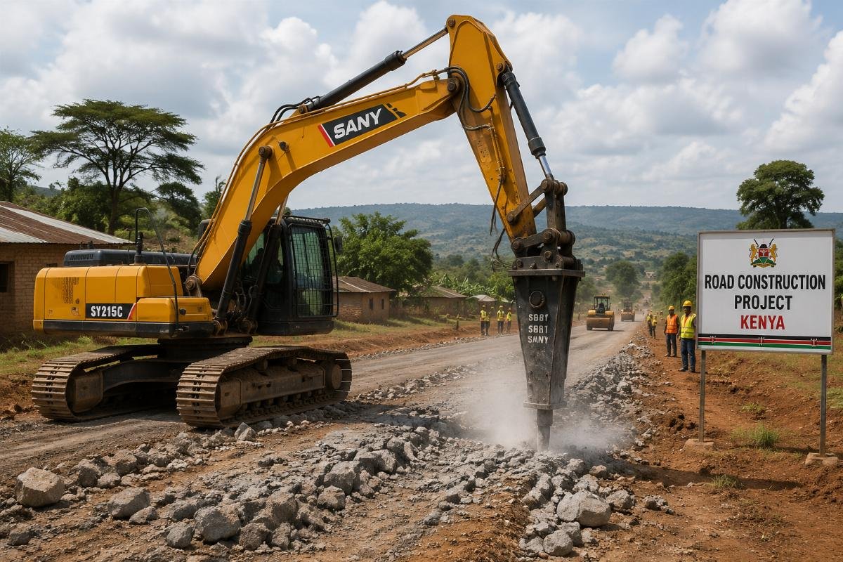 Excavator with hydraulic breaker operating on rural road construction site in Kenya