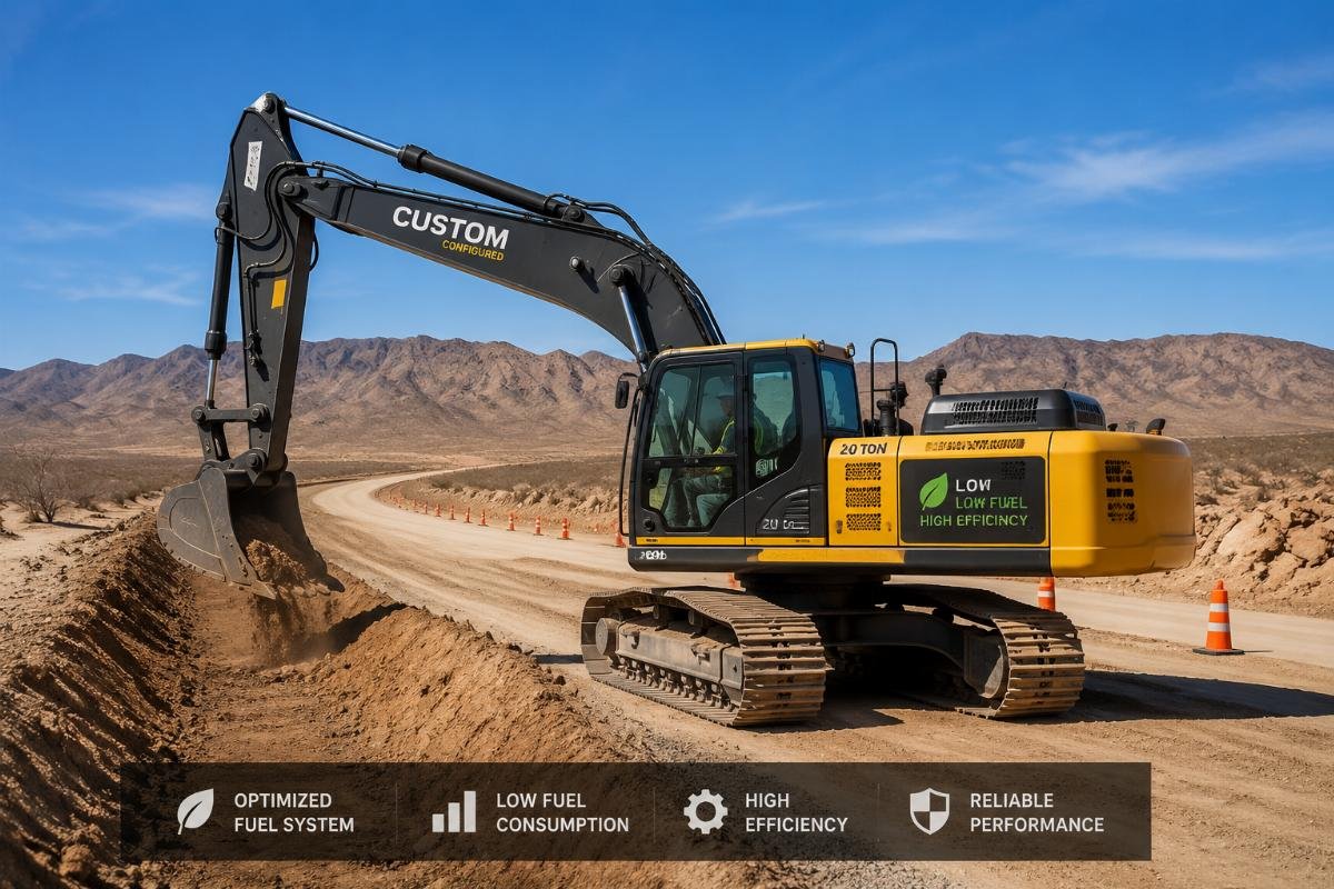 Custom configured excavator operating on a desert road construction site