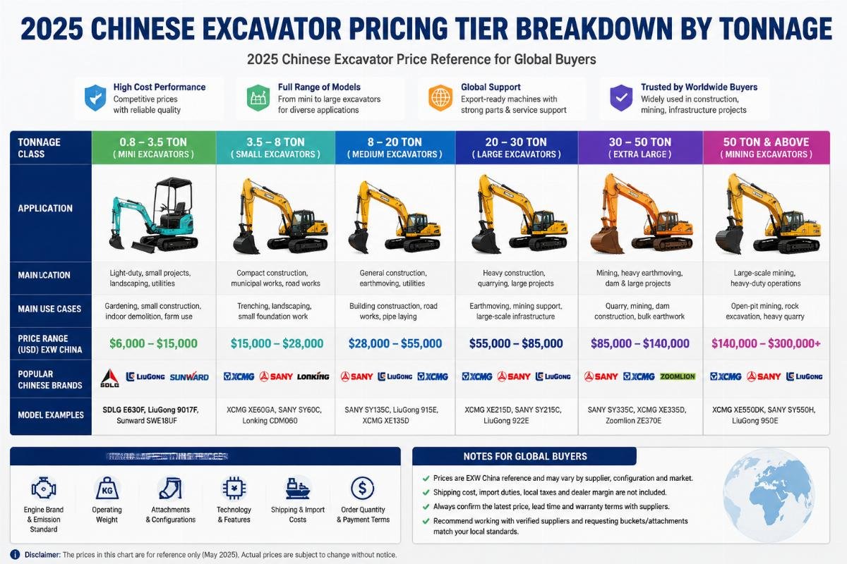 2025 Chinese excavator pricing tier breakdown by tonnage