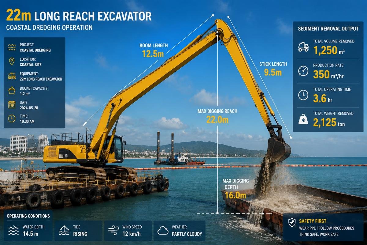 22m long reach excavator for coastal dredging A 22m long reach excavator operating in a coastal dredging site, with clear boom length markers and sediment removal output readings