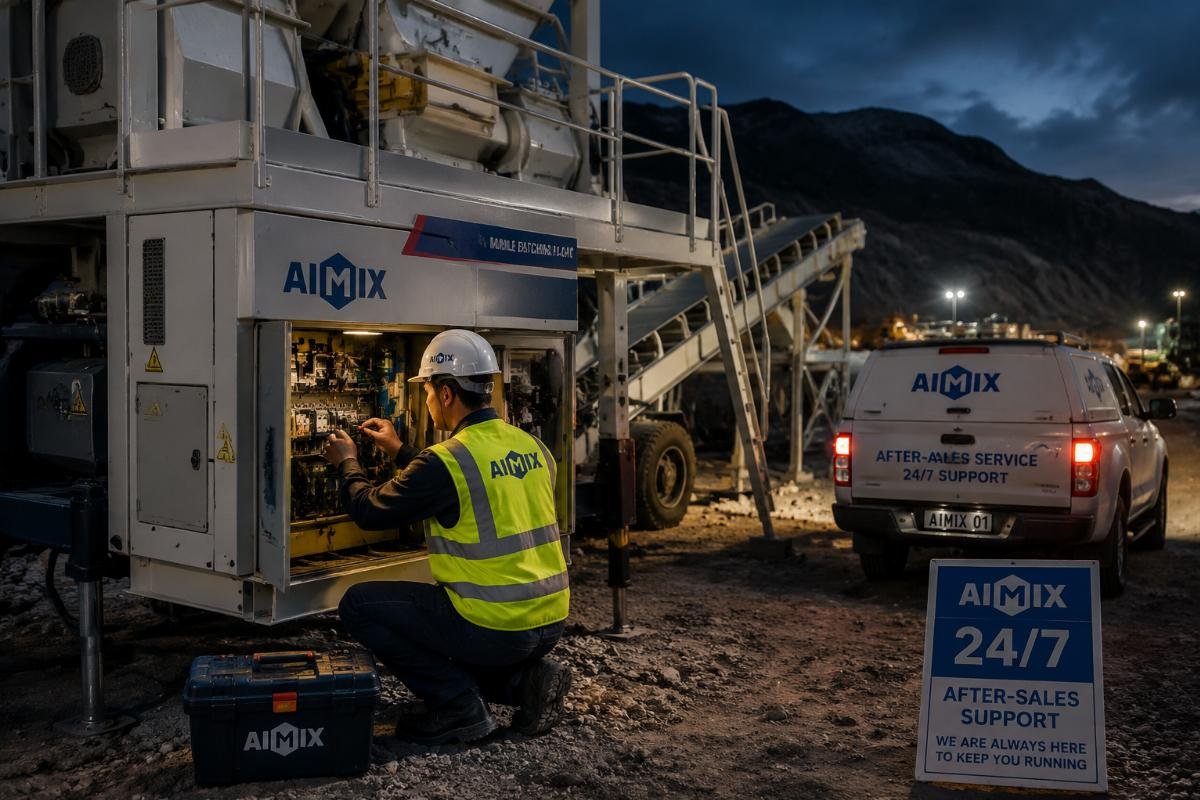 A local engineer conducting on-site maintenance for a mobile batching plant at a remote job site