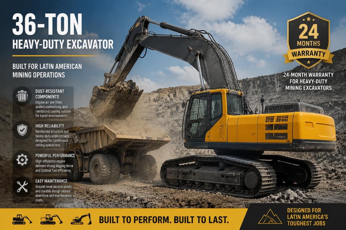 36-ton heavy-duty excavator operating at a Latin American mining quarry with dust-resistant components
