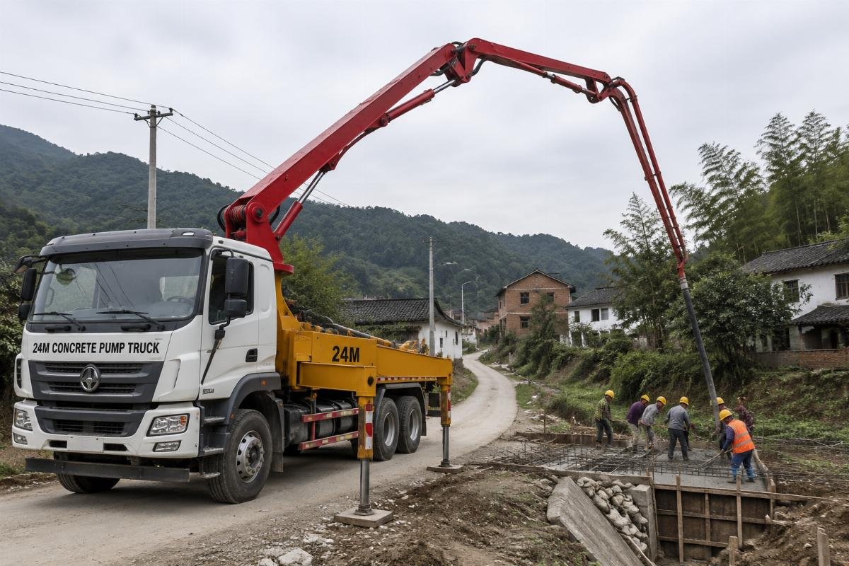 24m concrete pump truck operating on a small rural road construction site