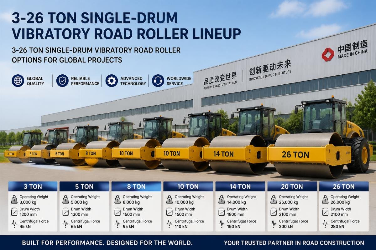 3-26 ton single-drum vibratory road roller lineup displayed at a Chinese manufacturing facility