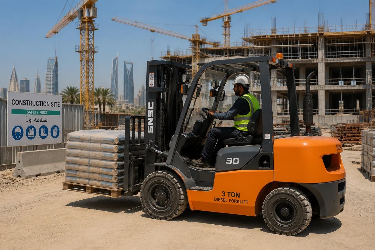 3 ton diesel forklift for construction use 3 ton diesel forklift operating on a Middle East construction site moving building materials