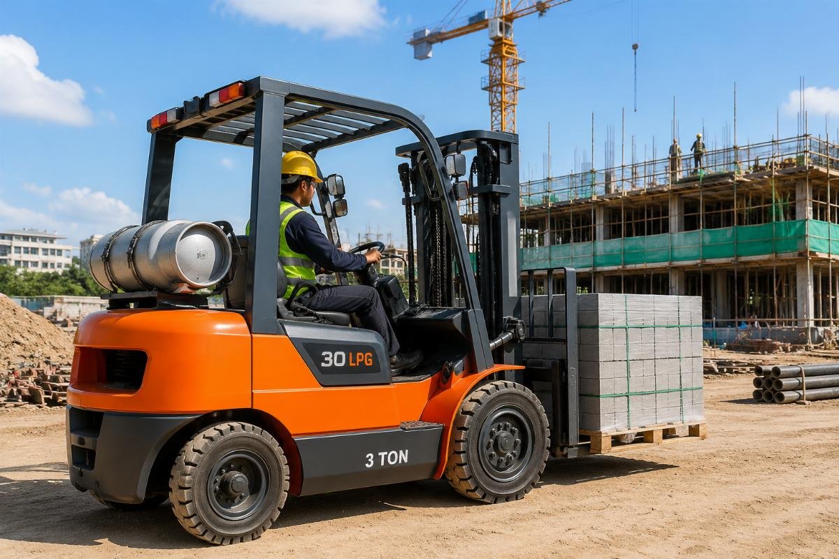 A 3-ton LPG forklift operating on a sunlit open construction site