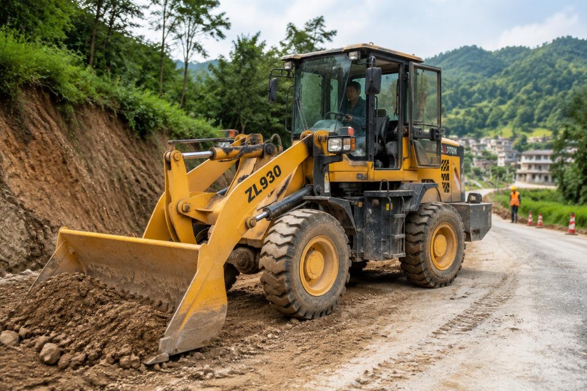 A 3-ton wheel loader operating on a rural road construction site