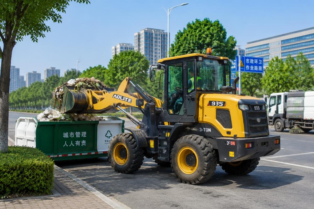 A 3-ton wheel loader operating for urban municipal waste management and maintenance