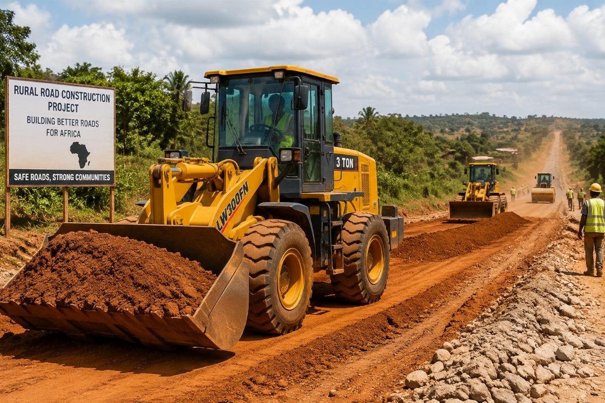 3-ton wheel loaders operating on a 50km rural road construction site in Africa