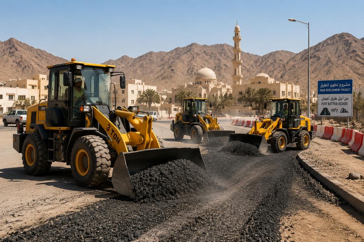 3-ton wheel loader on Middle East road worksite 3-ton wheel loaders actively working on a regional road construction project