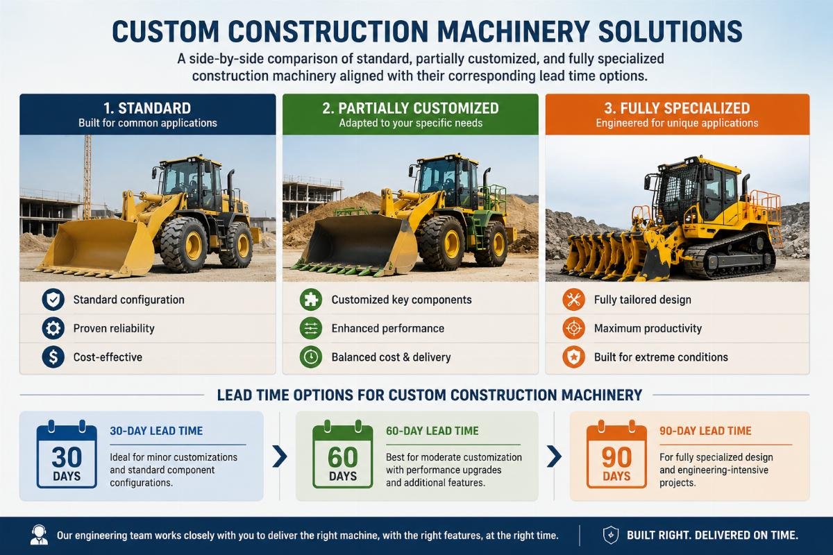 A side-by-side comparison of standard, partially customized, and fully specialized construction machinery aligned with their corresponding lead time slots