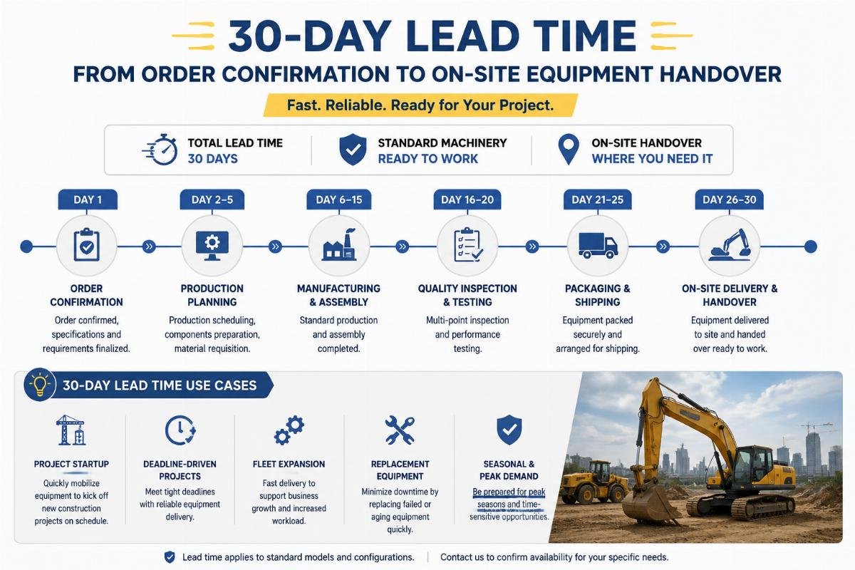30-day lead time use cases for construction machinery A timeline graphic showing a 30-day lead time from order confirmation to on-site equipment handover for standard construction machinery