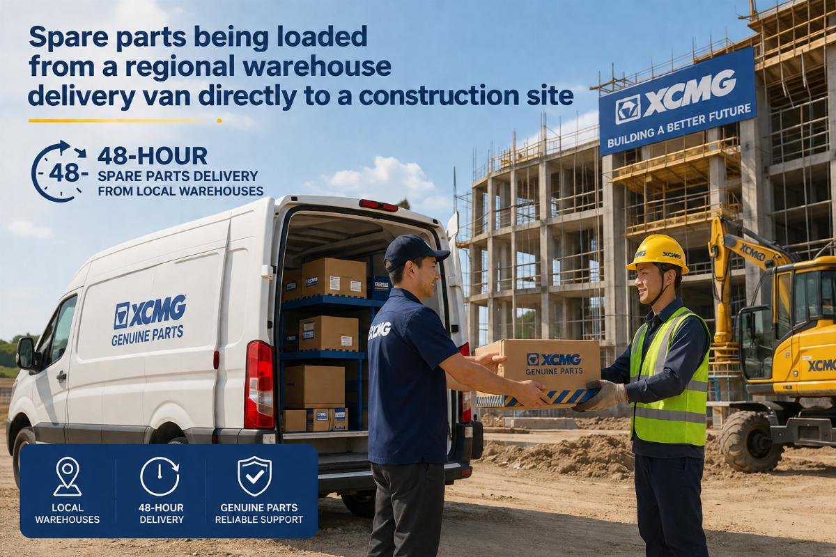48-hour spare parts delivery from local warehouses Spare parts being loaded from a regional warehouse delivery van directly to a construction site