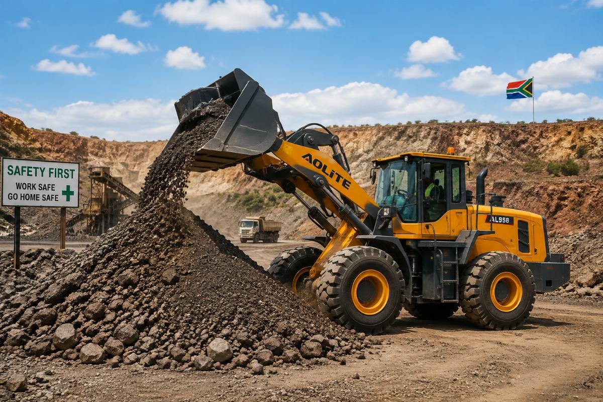 A 5-ton wheel loader stacking bulk materials at an open-pit mining site in Africa