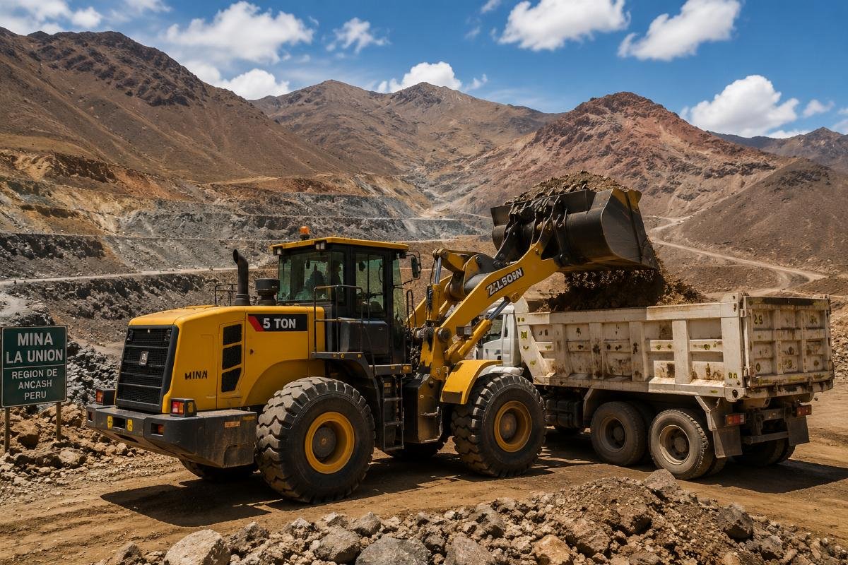 Heavy-duty 5-ton wheel loader operating at a mining site in South America