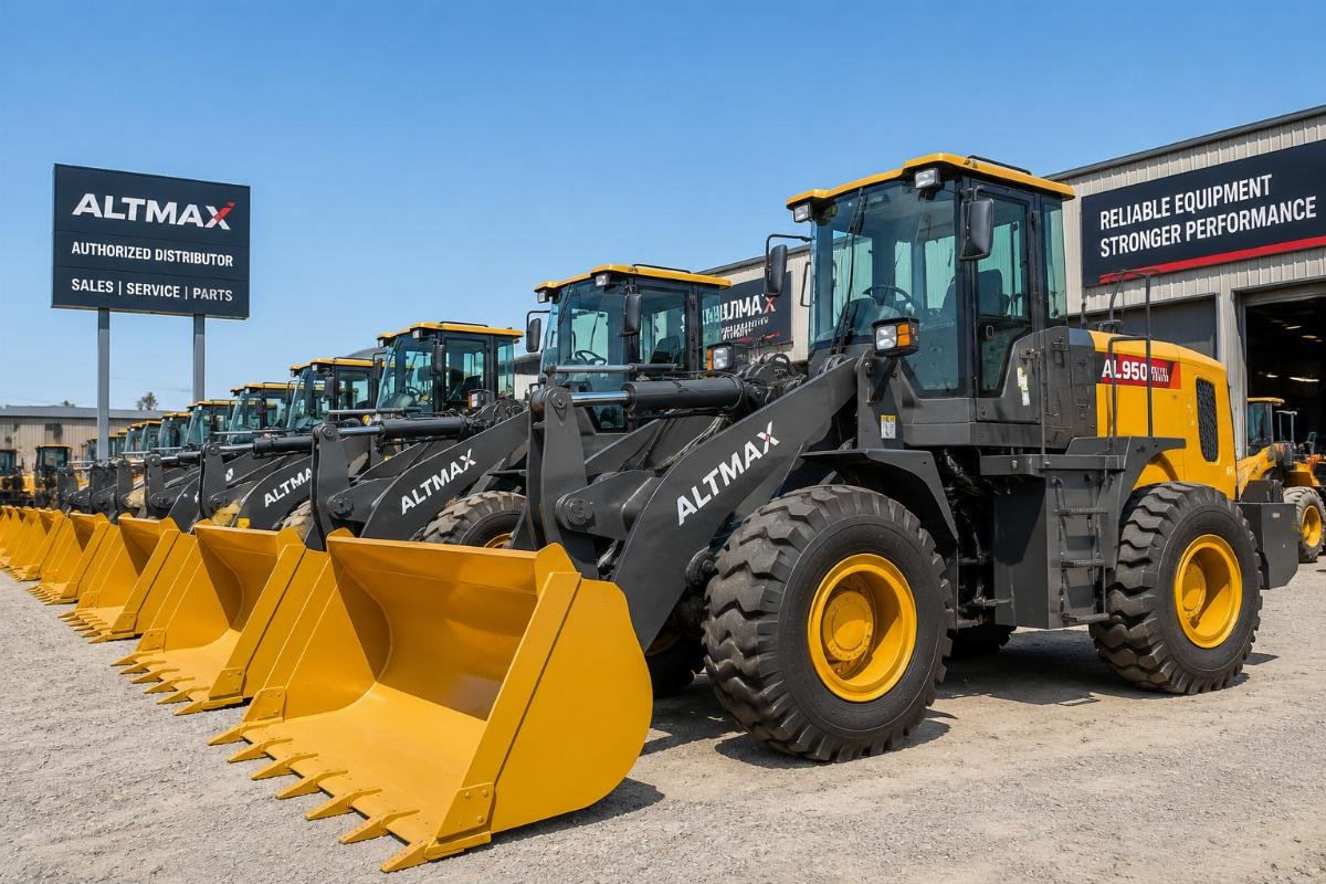 A fleet of custom-branded 5-ton wheel loaders parked at a distributor's storage yard