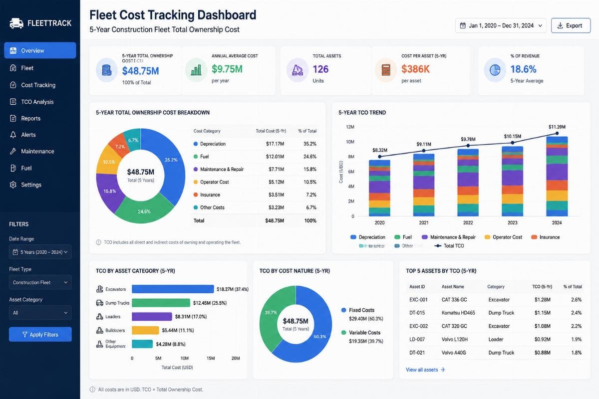 Fleet cost tracking dashboard showing 5-year total ownership cost breakdown