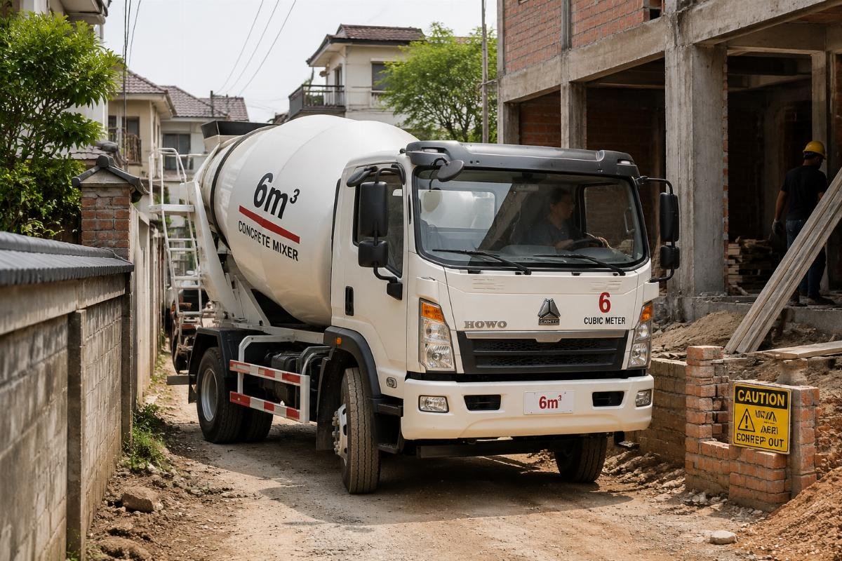A 6 cubic meter concrete mixer truck navigating a tight residential construction site