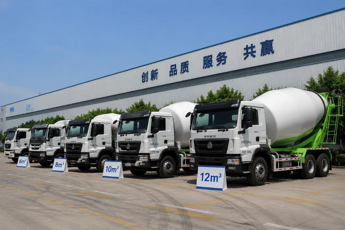 A fleet of 6, 8, 10 and 12 cubic meter concrete mixer trucks lined up at a Chinese manufacturing facility