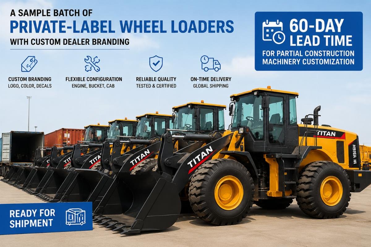 60-day lead time for partial construction machinery customization A sample batch of private-label wheel loaders with custom dealer branding ready for shipment