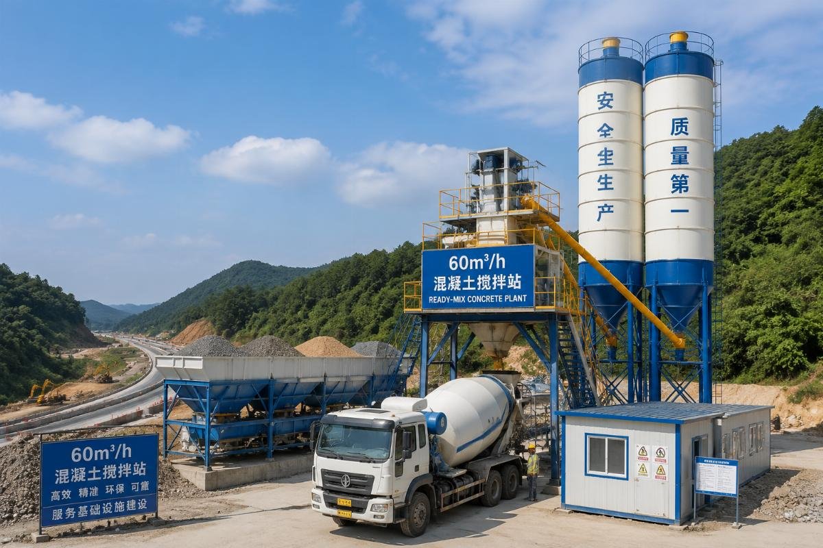 60m3/h batching plant for mid-sized infrastructure projects A 60m3/h ready-mix concrete plant operating at a rural highway construction site