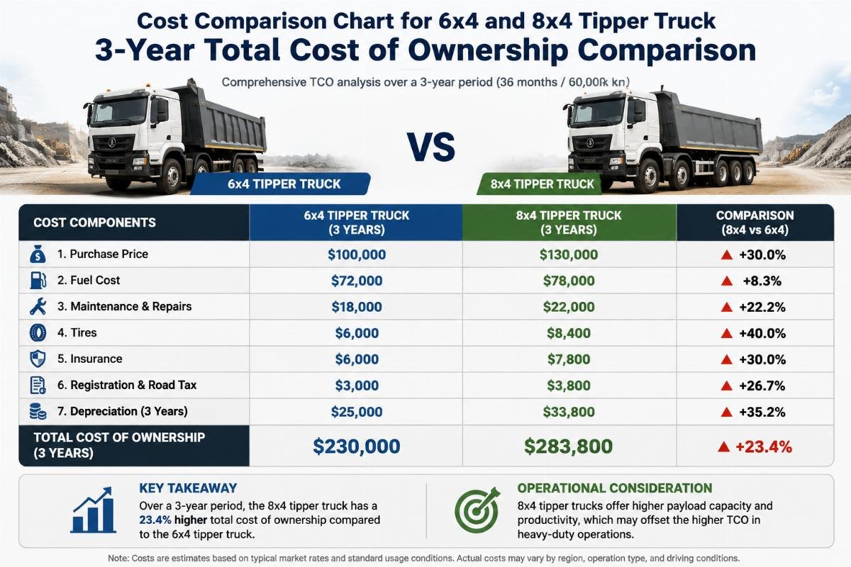 6x4 8x4 tipper truck 3 year total cost comparison Cost comparison chart for 6x4 and 8x4 tipper truck total cost of ownership