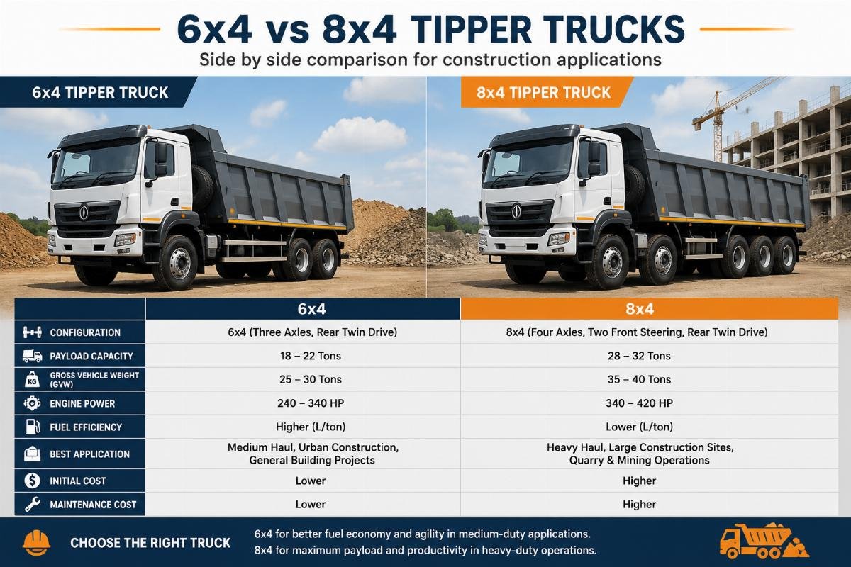 Side by side comparison of 6x4 and 8x4 tipper trucks on a construction site