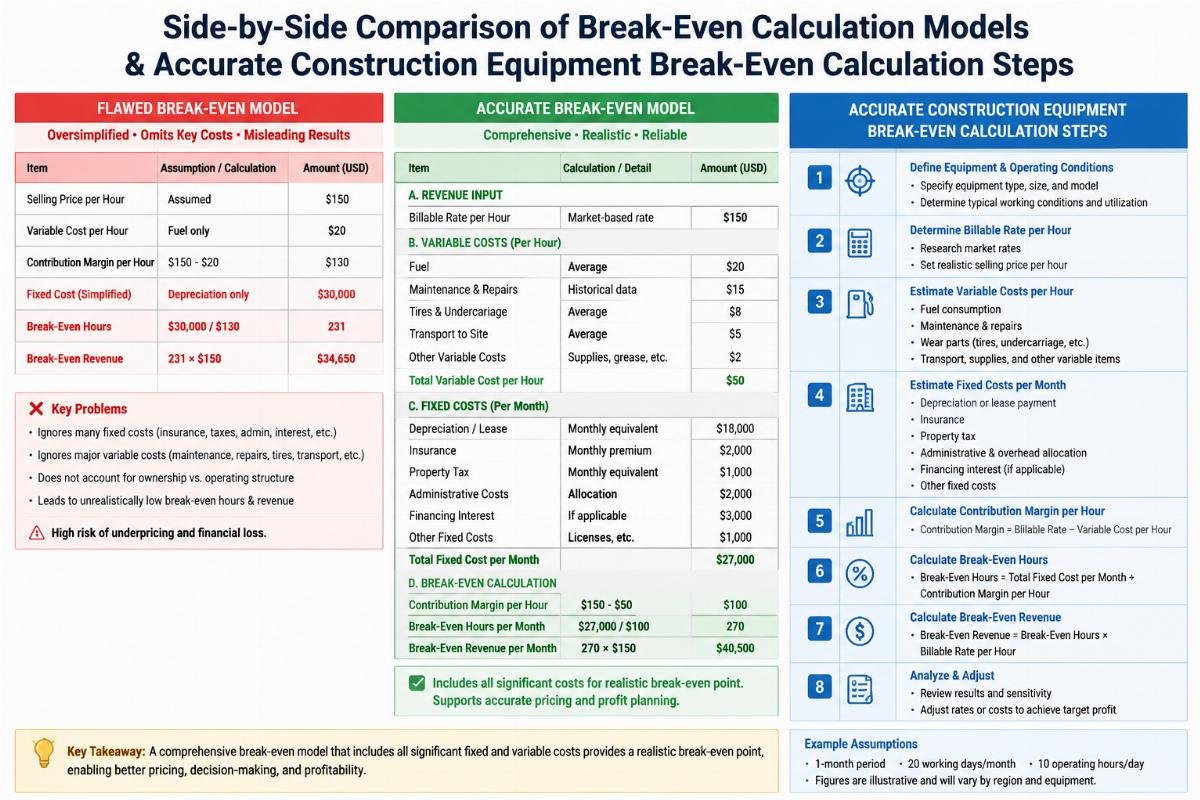 Spreadsheet showing side-by-side comparison of flawed and accurate break-even calculation models