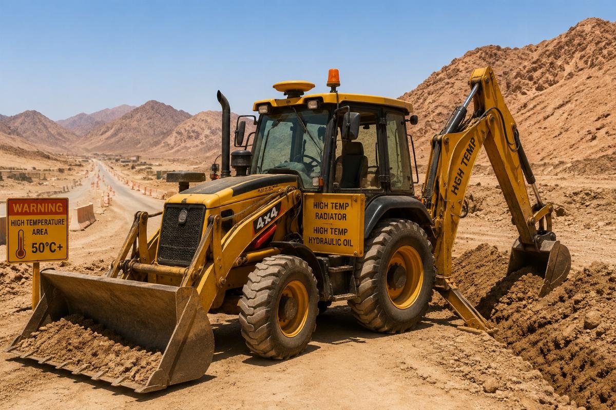 Backhoe loader operating on a desert road construction site