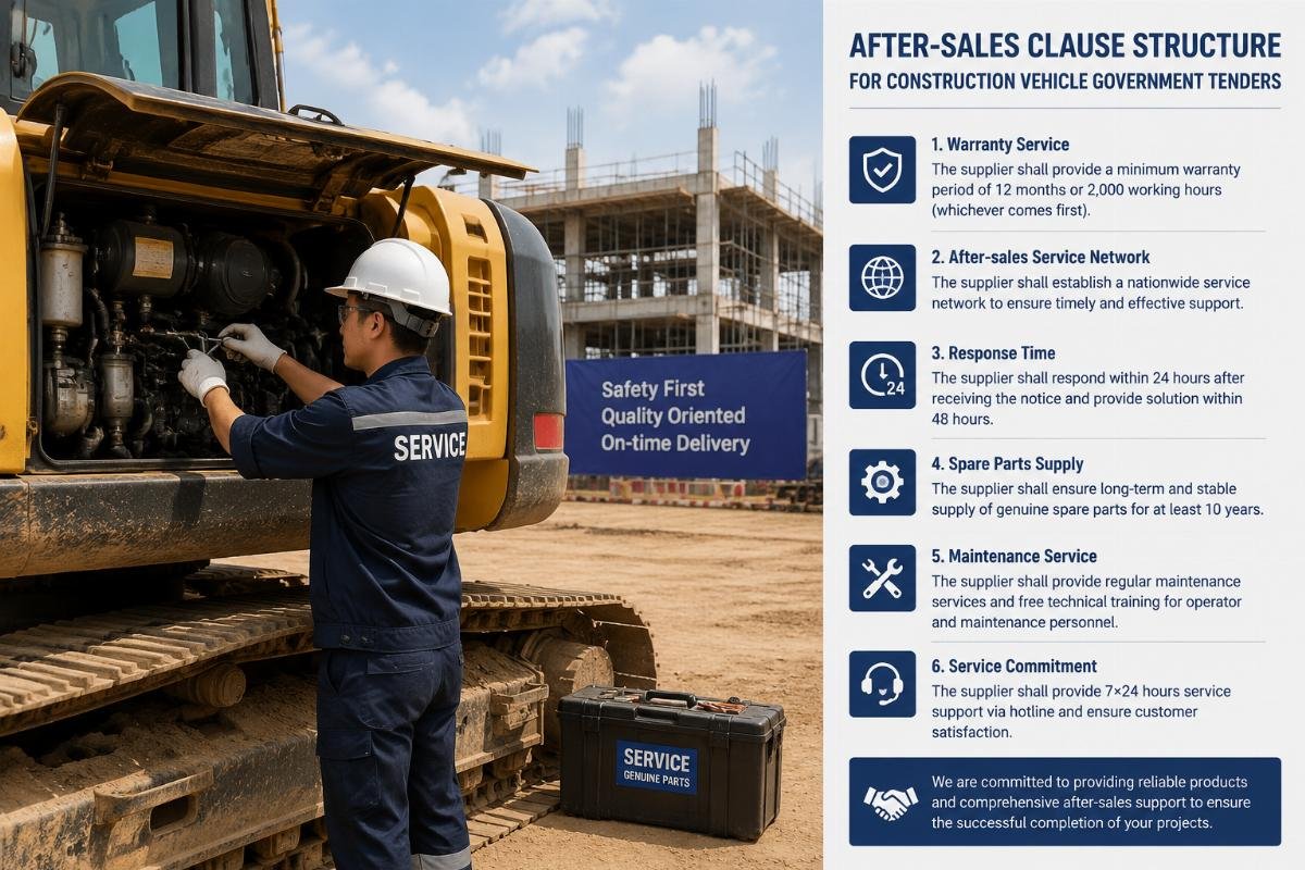 After-sales clause structure for construction vehicle government tenders A service engineer conducting on-site maintenance on a construction vehicle at a project site