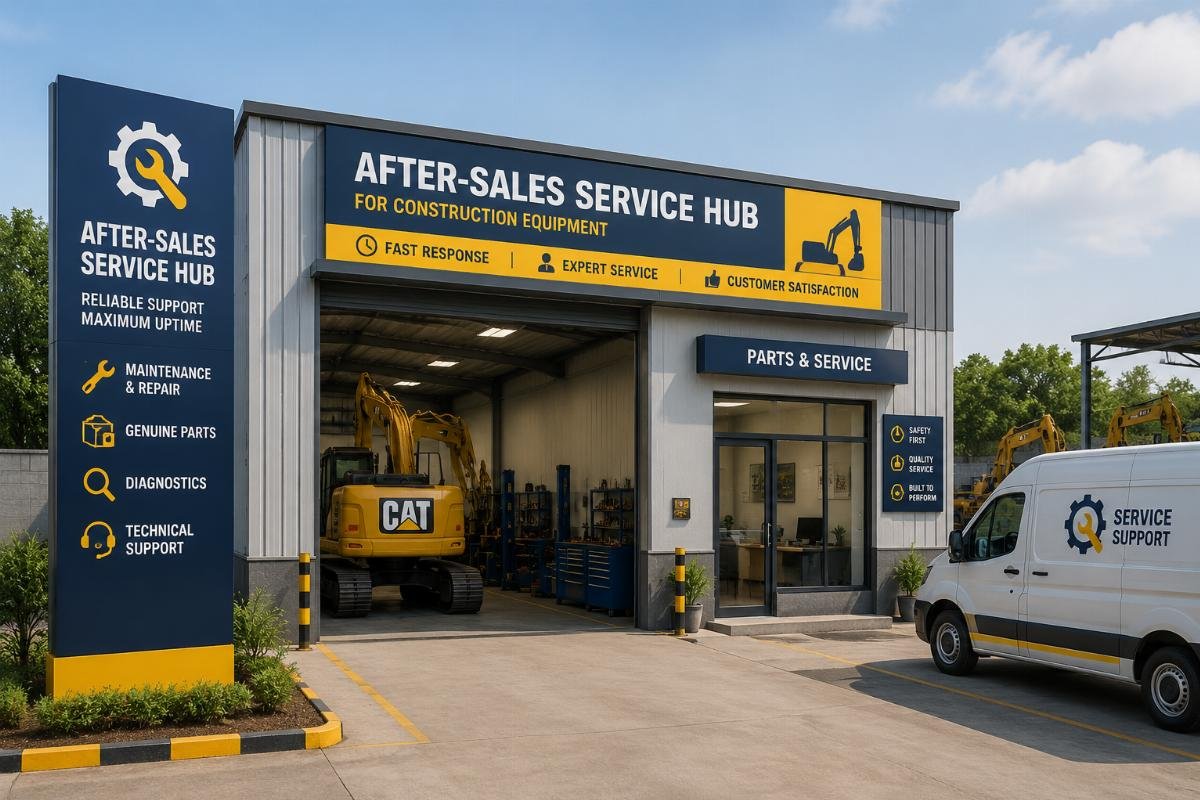 A compact 150-square-meter construction equipment after-sales service hub in a regional market