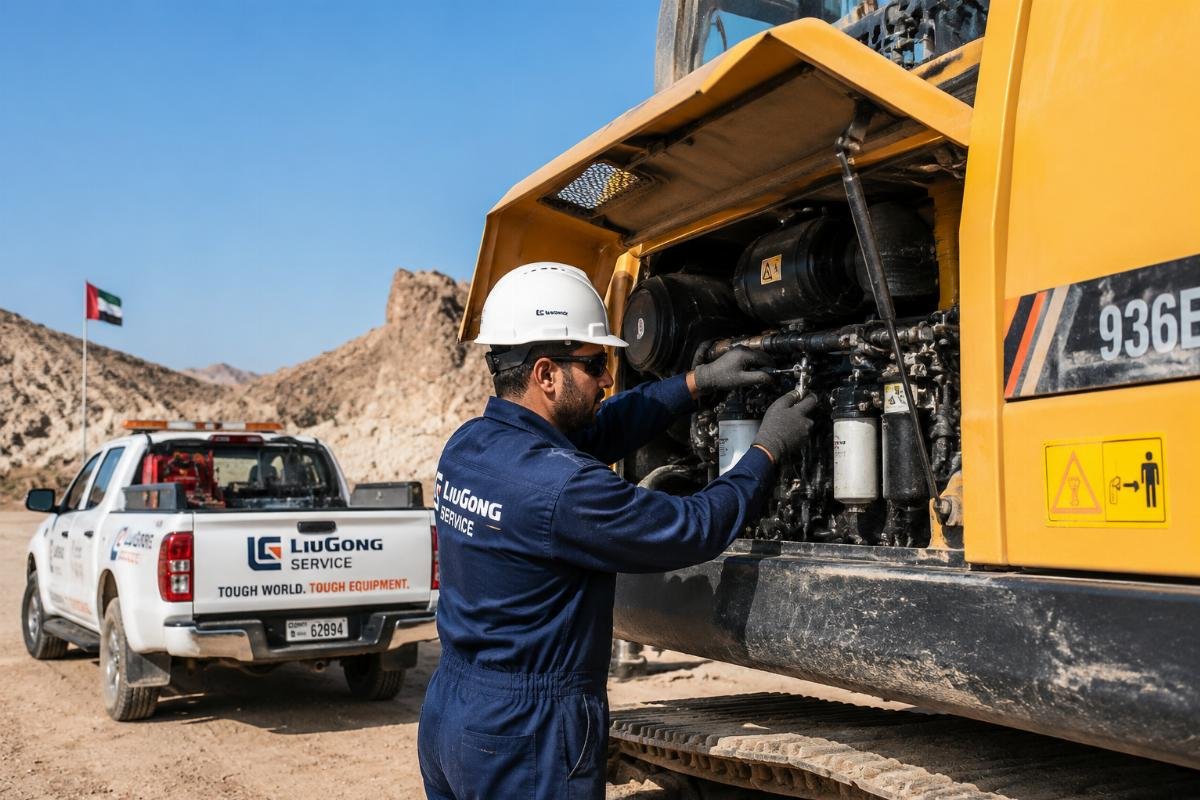 A service engineer performing maintenance on construction equipment at a remote worksite