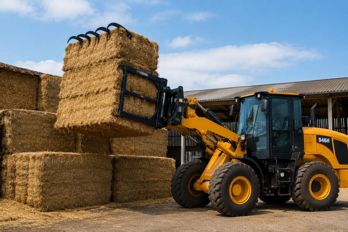 Agricultural wheel loader fork for hay bale handling Claw fork attachment handling stacked hay bales on a farm