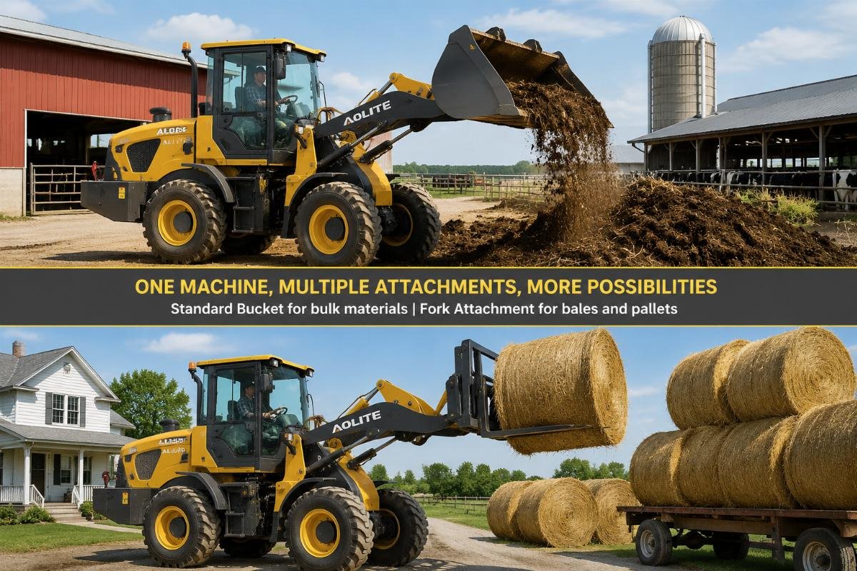 Agricultural wheel loader with bucket and fork attachments for farm use Agricultural wheel loader working with standard bucket and fork attachments on a family farm
